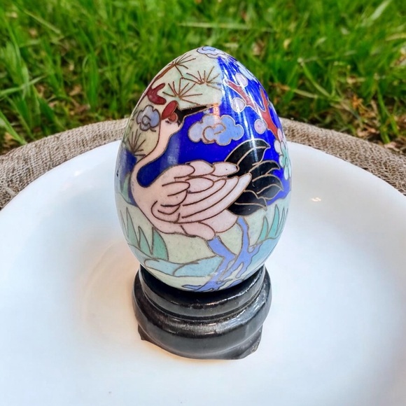 Chinese Cloisonné Enamel Egg & Wooden Stand - Picture 1 of 11